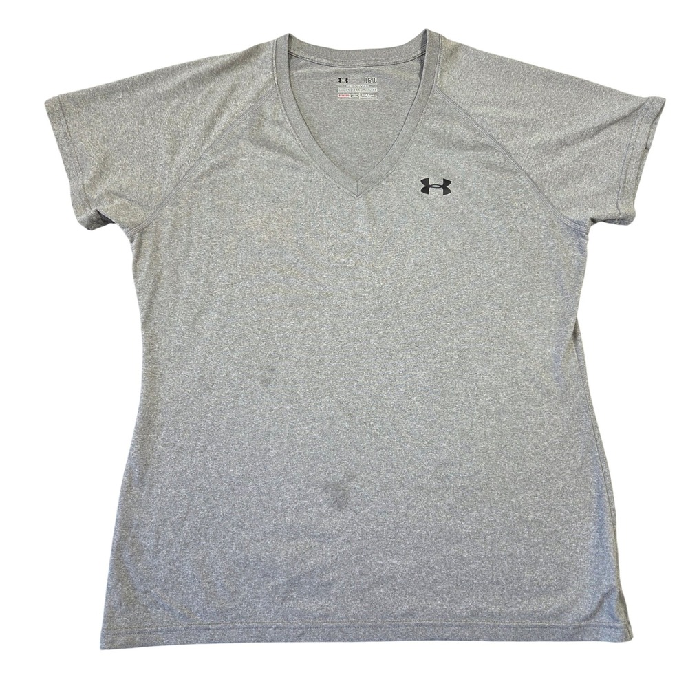 Under Armour Womens HeatGear V-Neck Semi-Fitted Short Sleeve Shirt Gray Large